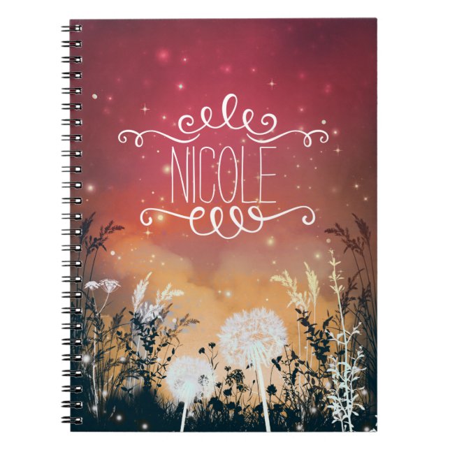 Caderno Espiral Diário Céu Noturno Vermelho Encantado Estrelas & F (Frente)