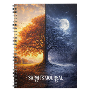 Caderno Espiral Diário da Árvore de Carvalho Mística Dia Noite Lua