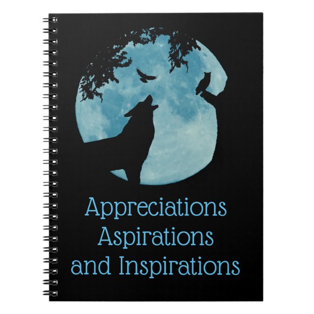 Caderno Espiral Diário de Apreciação de Wolf, Raven Owl e Lua (Frente)