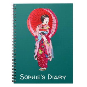 Caderno Espiral Diário de arte bonitinha de kimono vermelho-Geish