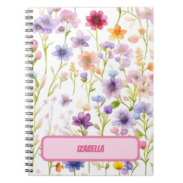 Caderno Espiral Diário de Design Floral de Primavera Rosa Azul Flo