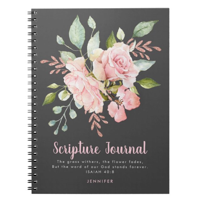 Caderno Espiral Diário de Escrituras Personalizadas de Rosas Rosa  (Frente)