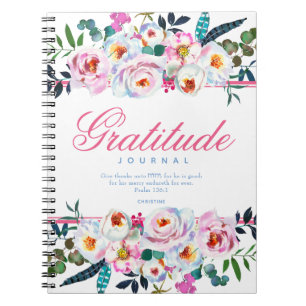 Caderno Espiral Diário de Gratidão Floral Azul e Rosa Citação da B