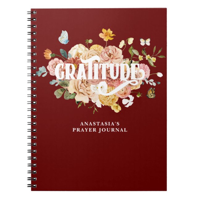 Caderno Espiral Diário de Gratidão Floral Personalizada Rosa Verme (Frente)