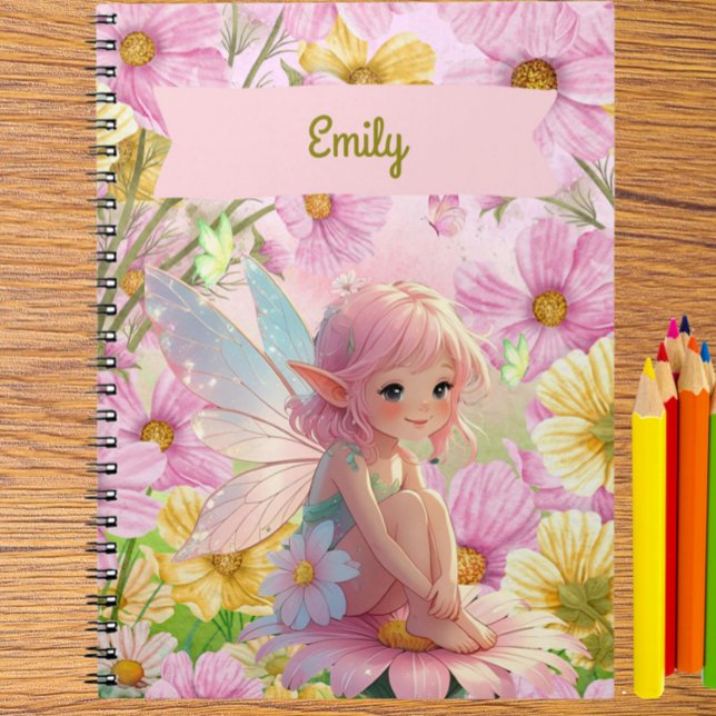 Caderno Espiral Diário de História Personalizado para Escrever e D (Personalized Pretty Pink Fairy and Flowers Journal – Custom Name Notebook for Girls)