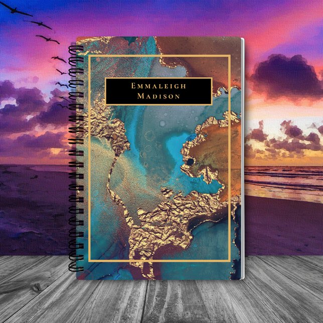 Caderno Espiral Diário de Monograma de Tinta Azul Moderna Dourada  (Criador carregado)