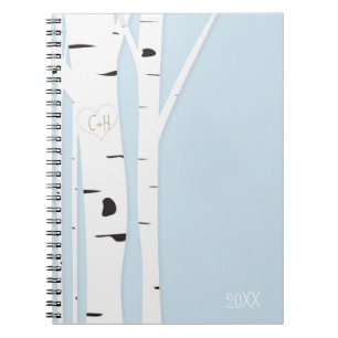 Caderno Espiral Diário de Notebook Rustic Birch Tree Heart Icy Blu