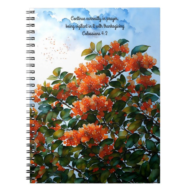 Caderno Espiral Diário de Oração de Arte de Flores Laranja Azul (Frente)