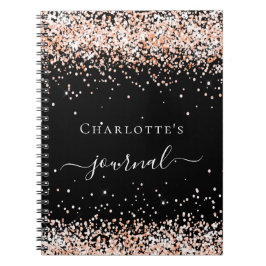 Caderno Espiral Diário de script de nome de confetti rosa dourado