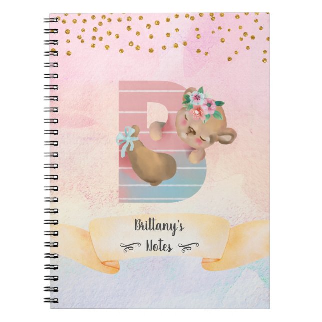 Caderno Espiral Diário Diário de Bebê Menina Urso Fofo com Letra M (Frente)