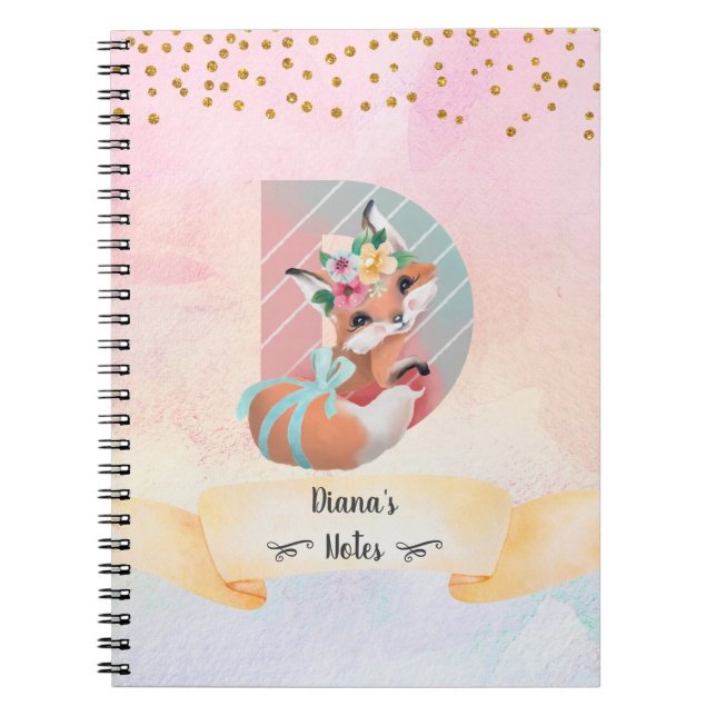 Caderno Espiral Diário Diário de Menina de Raposa Bebê com Letra M (Frente)