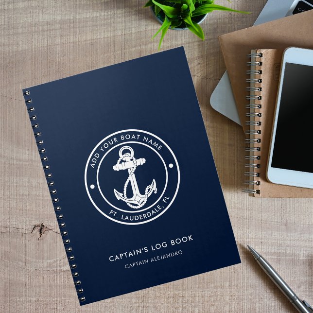Caderno Espiral Diário do Capitão Azul Marinho do Nome do Barco An (Nautical Anchor Custom Boat Name Log Book)
