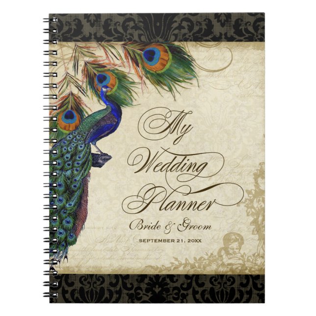 Caderno Espiral Diário do Planeador de Casamento Formal de Peacock (Frente)