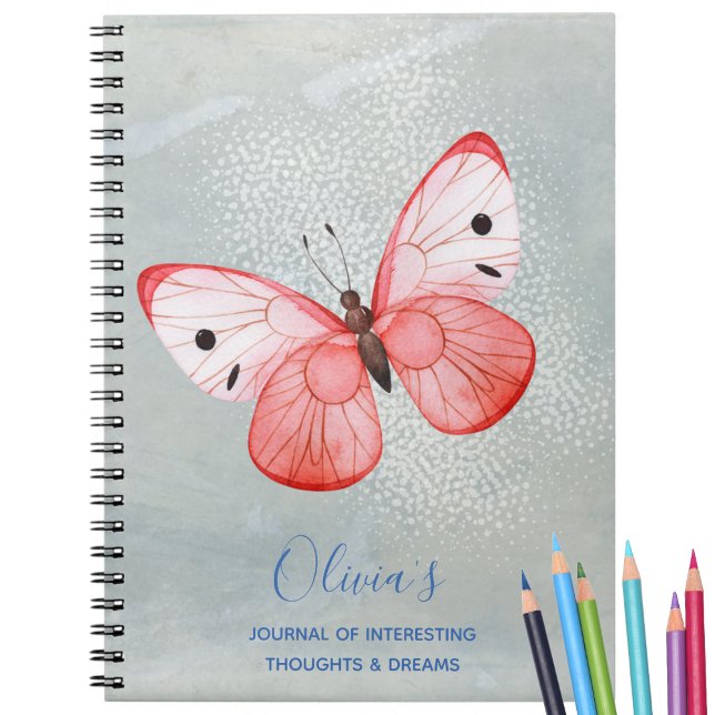 Caderno Espiral Diário Elegante Personalizado Monograma (Pretty, Elegant Monogrammed Journal. Pink butterfly. Notes, sketching, writing and more. )