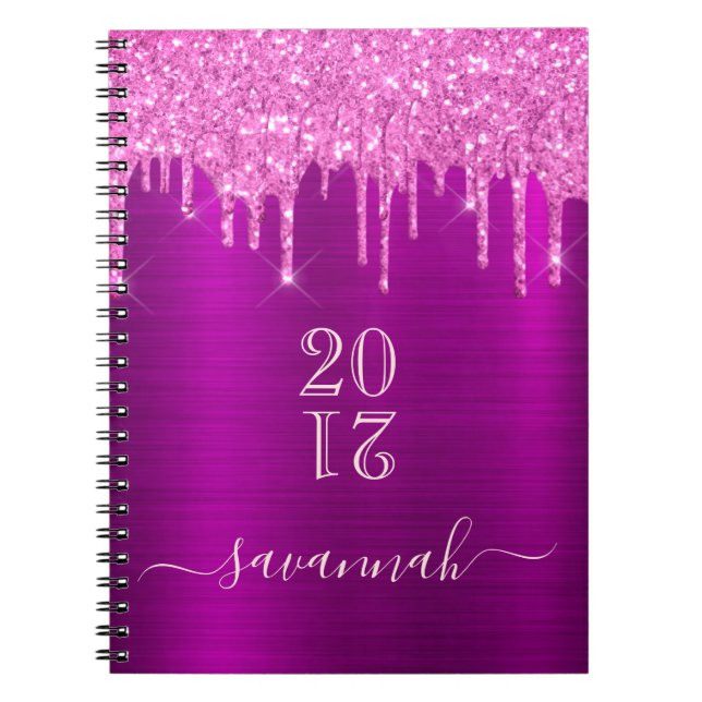 Caderno Espiral Diário feminino monograma rosa roxo brilhante 2021 (Frente)