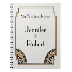 Caderno Espiral Diário fino Dourado do casamento do art deco