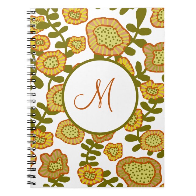 Caderno Espiral Diário Floral de Laranja Dourado Moderno Monograma (Frente)