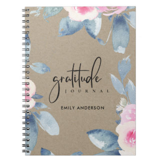 CADERNO ESPIRAL DIÁRIO GRATITUDE KRAFT PINK BLUSH BLUE FLORAL AZUL