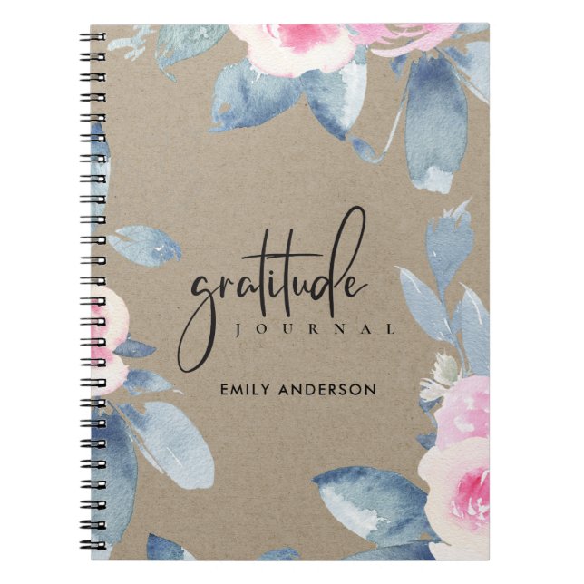 CADERNO ESPIRAL DIÁRIO GRATITUDE KRAFT PINK BLUSH BLUE FLORAL AZUL (Frente)