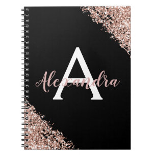 Caderno Espiral Diário Monograma com Brilho em Folha de Ouro Preto