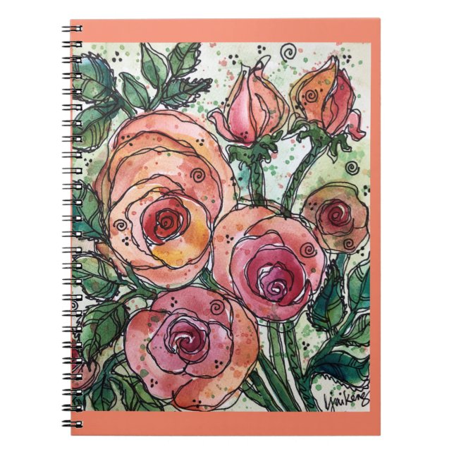 Caderno Espiral Diário/Notebook - Rosas Coral/Peach (Frente)