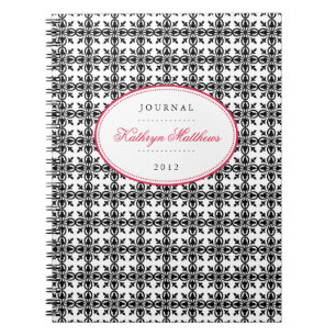Caderno Espiral Diário oval vermelho padrão branco preto