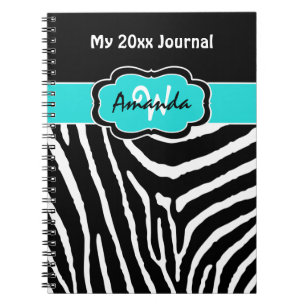 Caderno Espiral Diário Personalizado Aqua Black White Zebra Strip