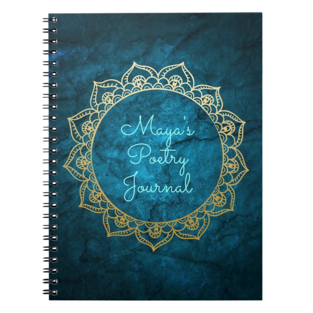 Caderno Espiral Diário personalizado da poesia com mandala Dourado (Frente)