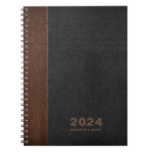 Caderno Espiral Diário Personalizado de Couro Preto Marrom Texto