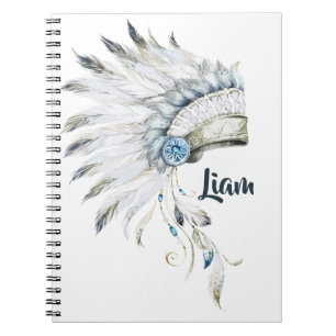 Caderno Espiral Diário Personalizado de Headdress de Boho Boy Fea