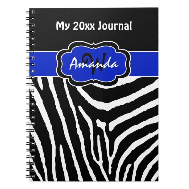 Caderno Espiral Diário Personalizado Listras de Zebra Preto Azul e (Frente)