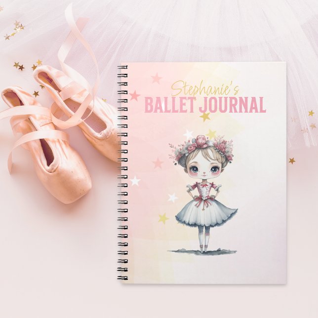 Caderno Espiral Diário rosa de Balé de quebra-cabeça para uma garo (Pink personalisable Ballet Journal notebook beside ballet slippers and tutu. Nutcracker Suite theme.)