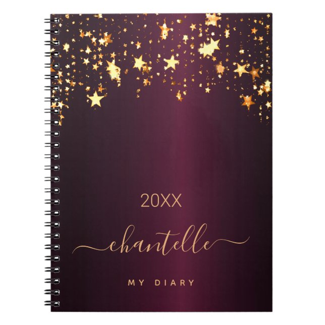 Caderno Espiral Diary burgundy gold stars Nome monograma moderno (Frente)