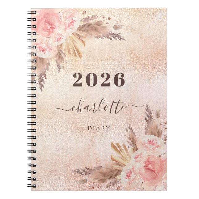 Caderno Espiral Diary pampas rosa gold florals name (Frente)