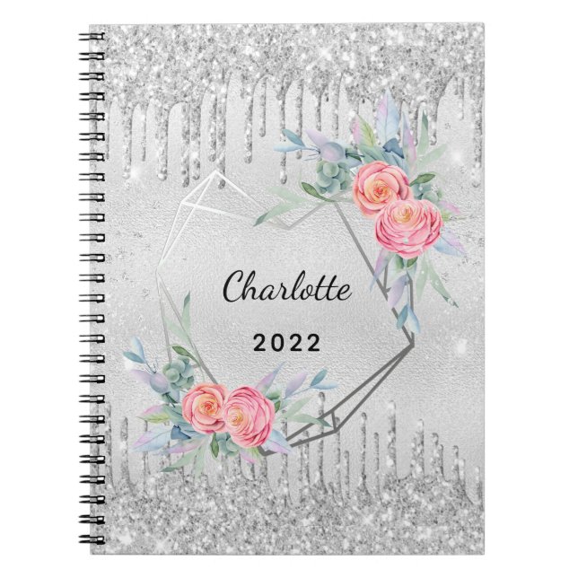 Caderno Espiral Diary prata floral brilho pincel cor-de-rosa (Frente)