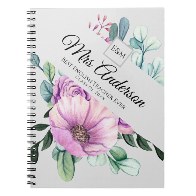 Caderno Espiral Dif... Púrpura Floral - Adicionar Nome Classe Ano (Frente)