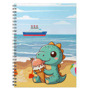 Caderno Espiral Dinô bonito comendo sorvete na praia