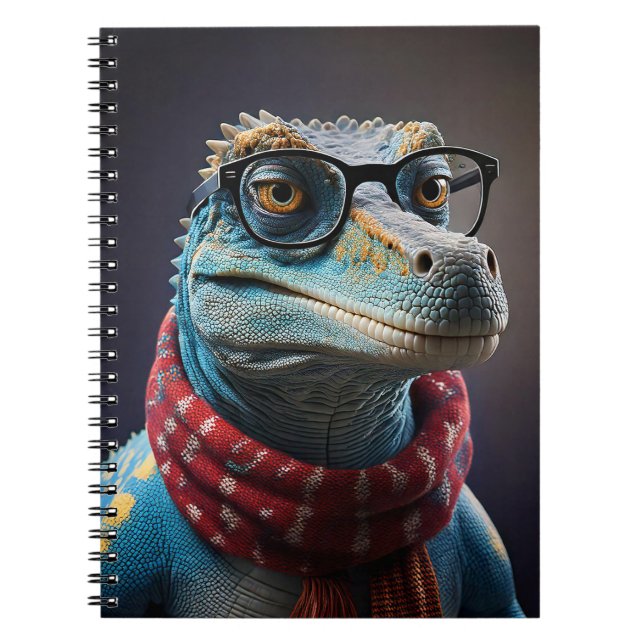 Caderno Espiral Dinossauro azul vestindo cachecol de Natal (Frente)