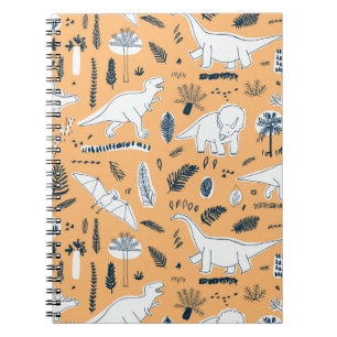 Caderno Espiral dinossauros engraçados com padrão de folhas de p