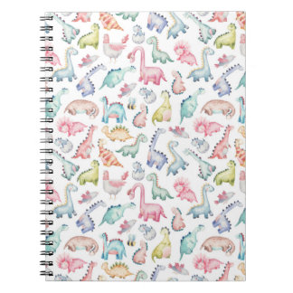 Caderno Espiral Dinossauros fofos, padrão de aquarela infantil.