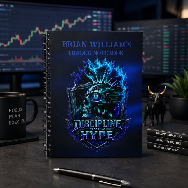 Caderno Espiral Disciplina Sobre Hype Brilho Azul Bitcoin Cripto  (Product image shown for illustration purposes only.)