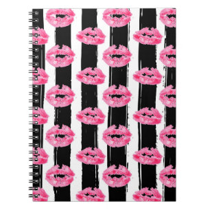 Caderno Espiral Distribuidor de batom Pink Lips Kiss Black Striped