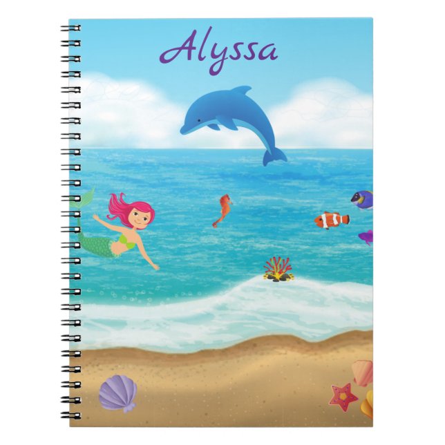 Caderno Espiral Diversão ao Sol Sereia Golfinho Praia Personalizad (Frente)