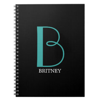 Caderno Espiral DIY Grande Monograma & Nome, Texto Branco/Teal, Pr