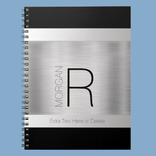 Caderno Espiral DIY Monogram Name, Black Grey Text, Brushed Silver