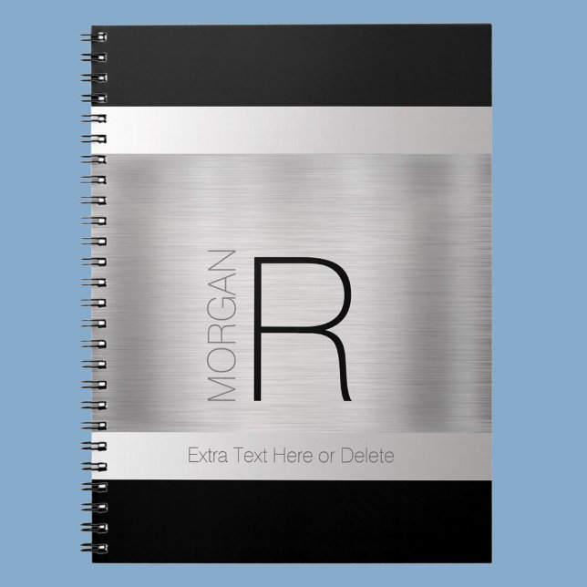 Caderno Espiral DIY Monogram Name, Black Grey Text, Brushed Silver (Criador carregado)