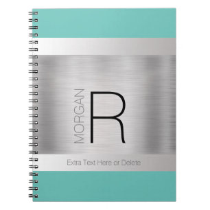 Caderno Espiral DIY Monograma Nome Cinza Negra Teal, Prata Bruta