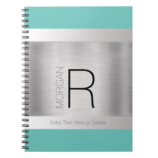 Caderno Espiral DIY Monograma Nome Cinza Negra Teal, Prata Bruta (Frente)