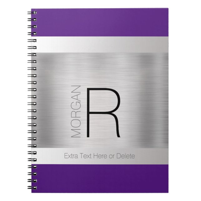 Caderno Espiral DIY Monograma Nome Cinza preta Prata escovada (Frente)