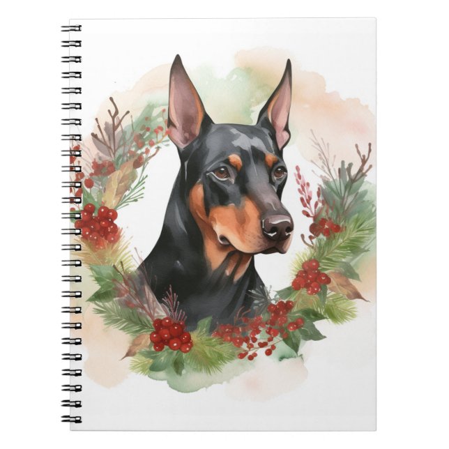 Caderno Espiral Doberman Christmas Wreath Festivo Pup (Frente)